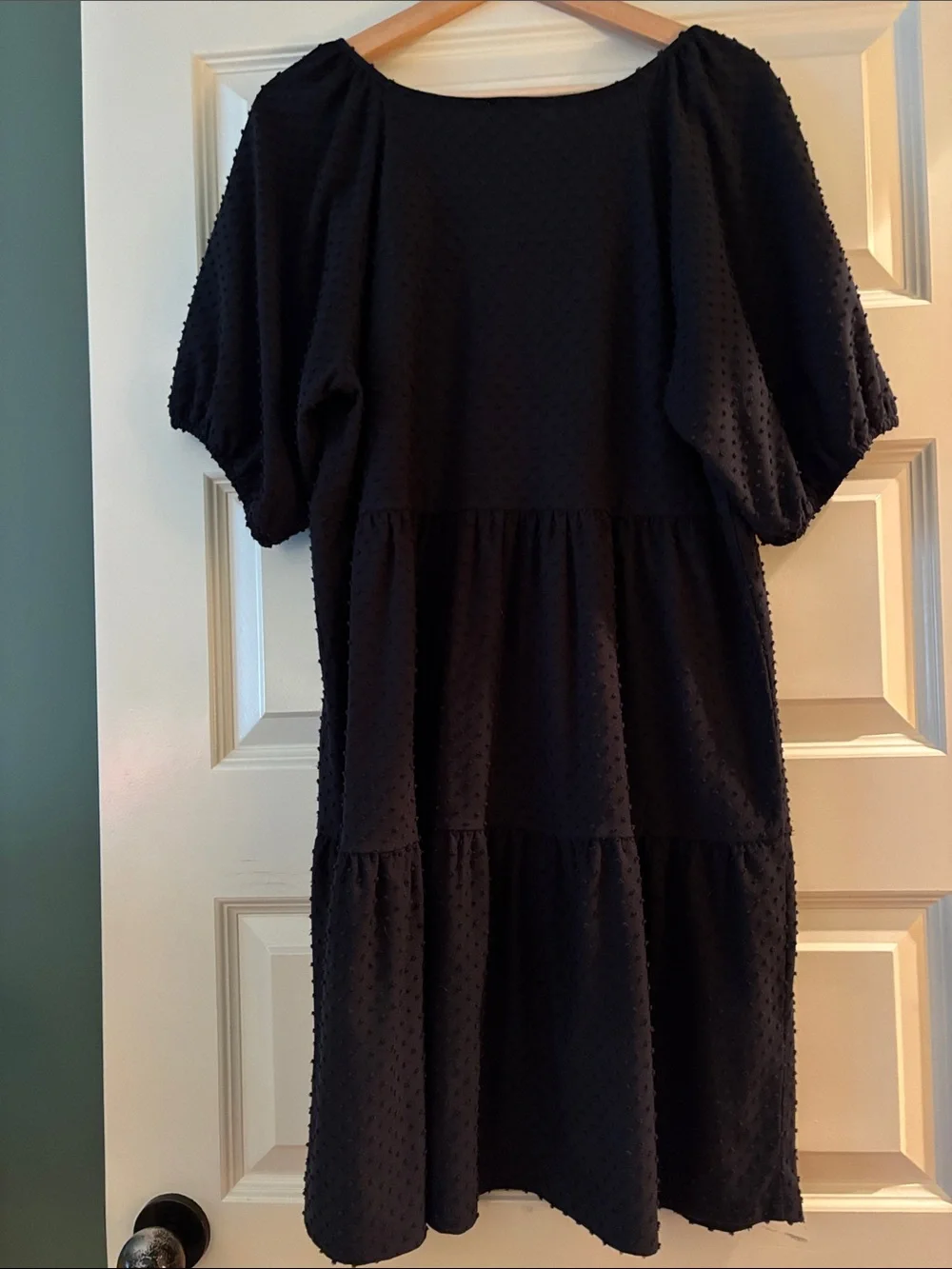J. Crew Black Textured Tiered Midi Dress with Puff Sleeves